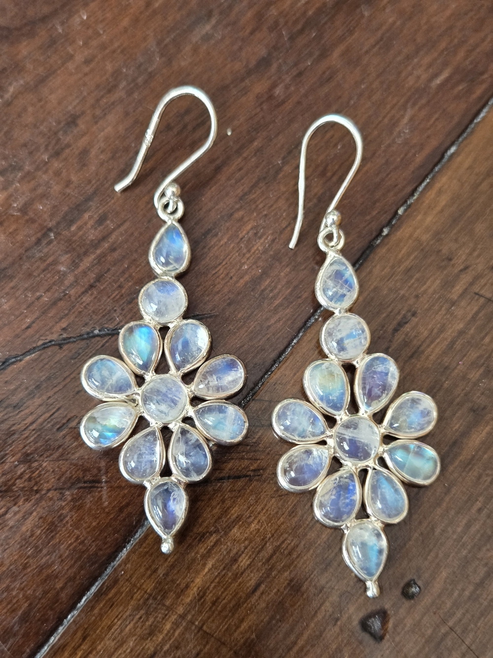Sterling Silver Moonstone Floral Drop Earrings - Blue-White